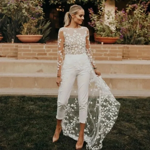 Backless wedding jumpsuit with train